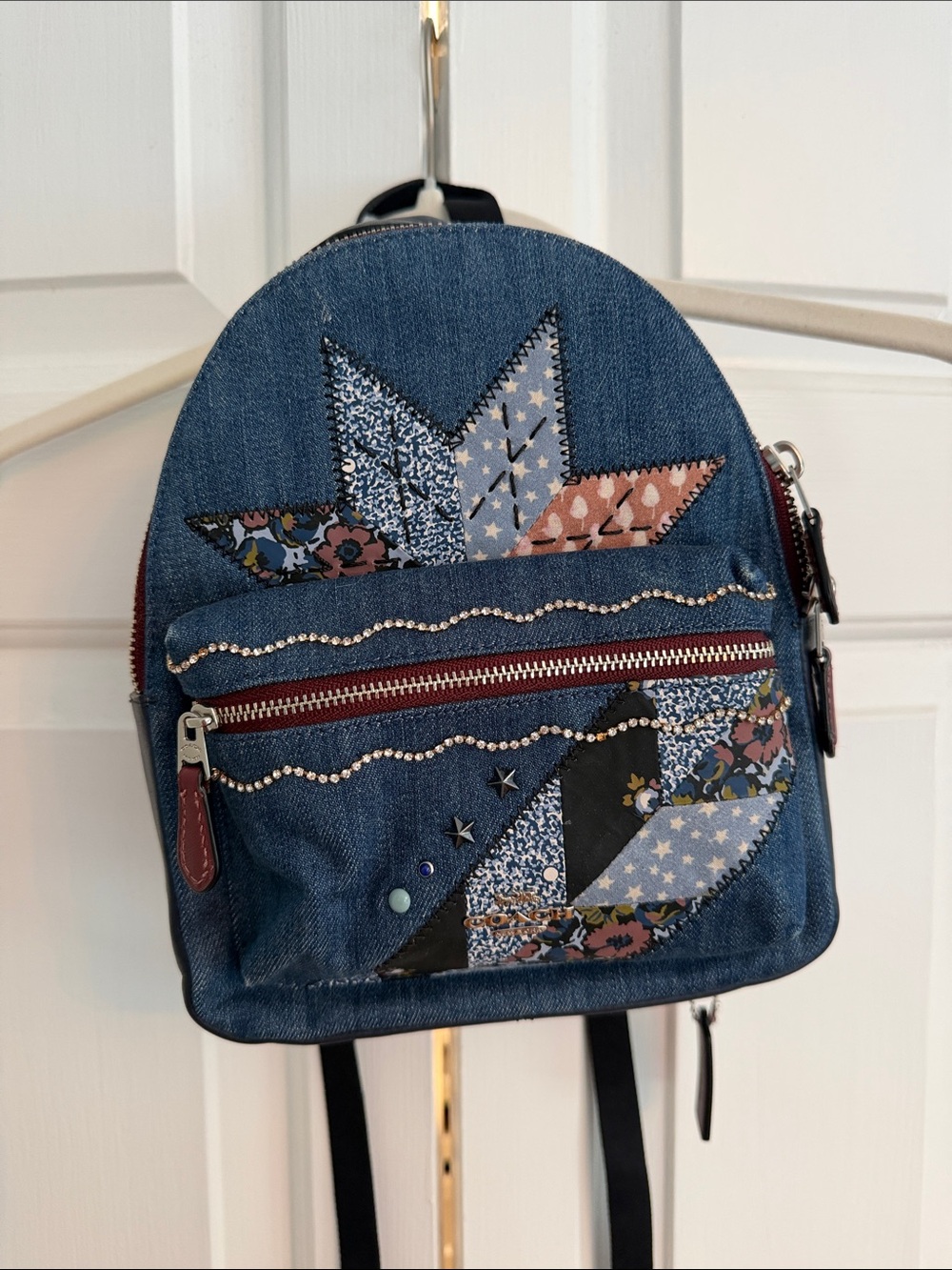 Authentic Coach Burgundy Leather/Denim mini backpack with patchwork/rhinestone
